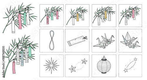 Collection of christmas and holiday decorations with pine branches