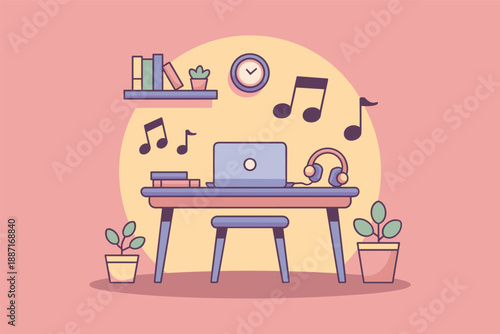 Cozy Home Office with Music and Plants, remote work lifestyle concept