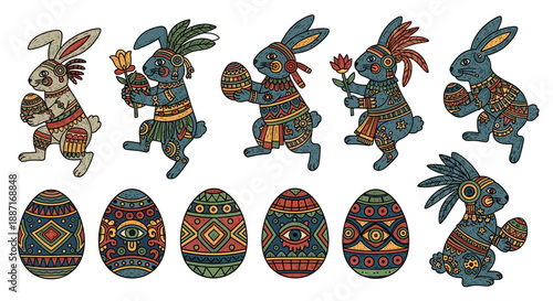Set of easter bunny illustrations with decorated eggs