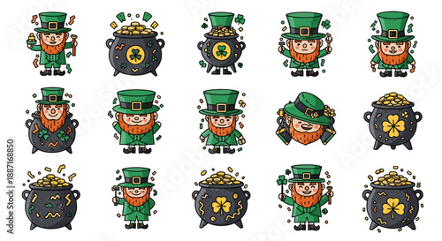 Set of 12 cute leprechaun characters with various expressions and accessories