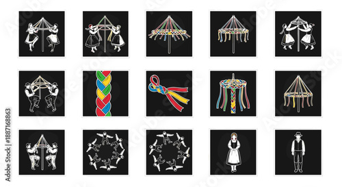 Collection of colorful and monochrome circus tent illustrations