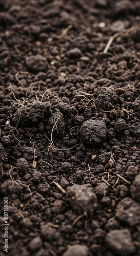 Rich dark earth texture shows moist clumps and fine root structures
