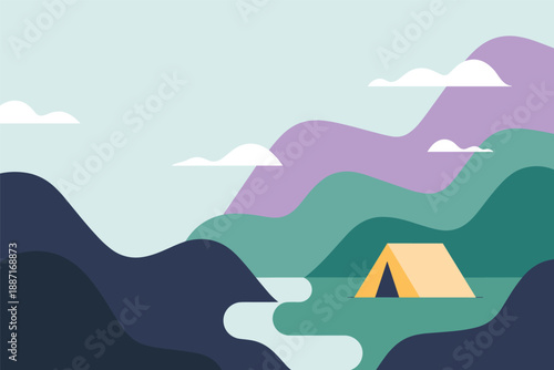 Serene Camping in a Stylized Mountain Valley, outdoor illustration concept