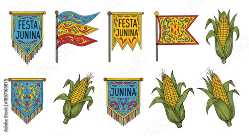 Collection of colorful festa junina banners flags and corn cobs