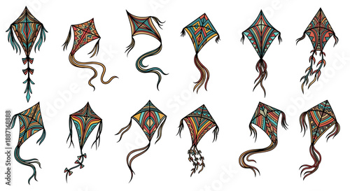 Collection of colorful traditional kites with intricate patterns and designs