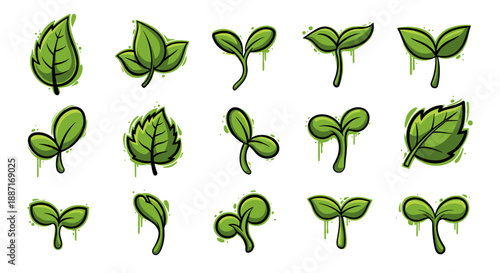 Collection of various green plant sprout and leaf illustrations
