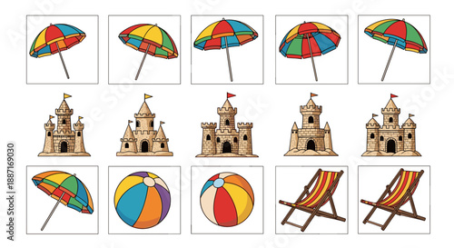 Collection of colorful beach umbrellas and sandcastle beach