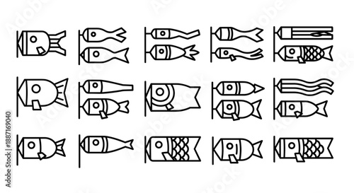 Set of 15 traditional fishing hooks and lures in line art style