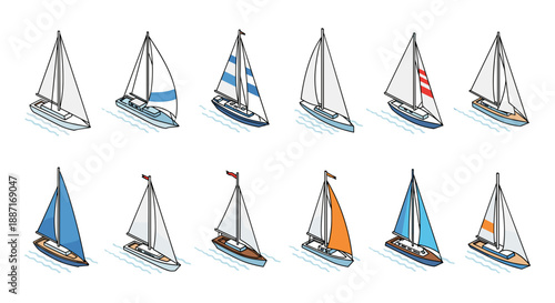 Collection of colorful sailing boats with sails a clear day