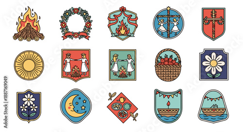 Collection of colorful heraldic coats of arms and shields