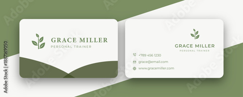 Modern green business card template with organic leaf logo, minimalist flat design, clean corporate identity – Vector