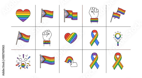Collection of rainbow flags and symbols representing lgbtq pride