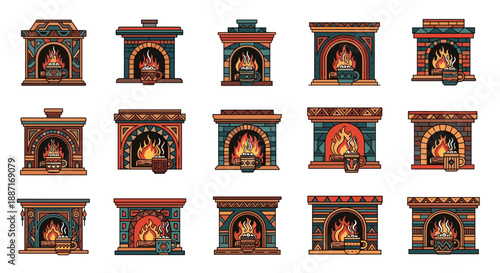 Collection of colorful animated fireplaces with glowing fires and brick designs