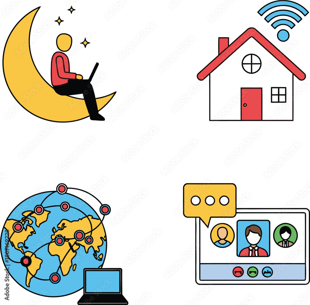 Fototapeta premium Freelance remote work and global communication icon set featuring home office wifi, video conference call, and world network connectivity symbols.