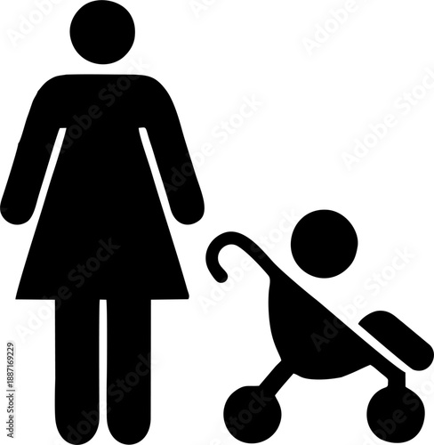 Mother Walking with Baby Stroller Silhouette Icon