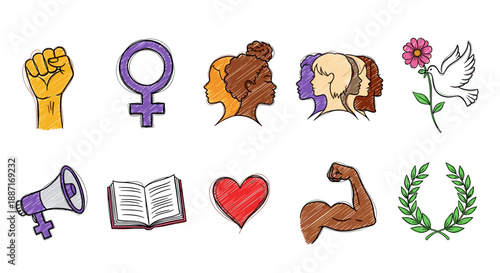 Collection of diverse feminist symbols and icons
