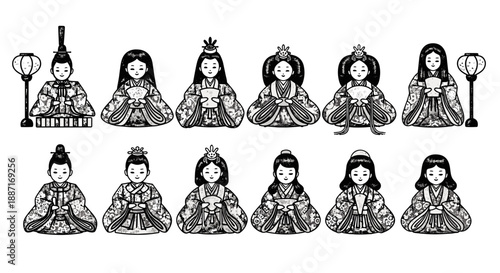 Collection of traditional asian women wearing ornate costumes and masks