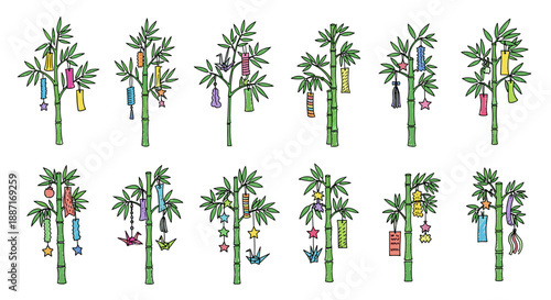 Collection of colorful cartoon palm trees with green leaves and trunks