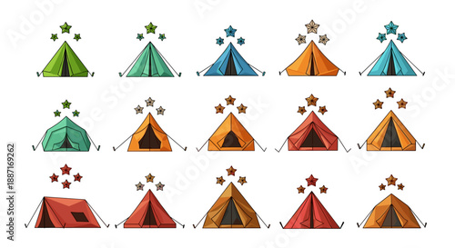 Set of colorful tents with campfire and trees in outdoor scene