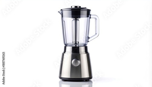 Modern stainless steel blender isolated on white background for kitchen appliance.