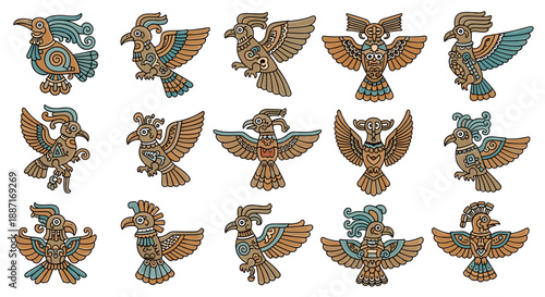 Collection of traditional carved wooden birds with intricate details