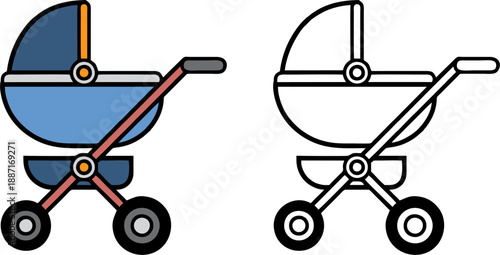 Blue Baby Stroller Pram Carriage Flat and Outline Icon