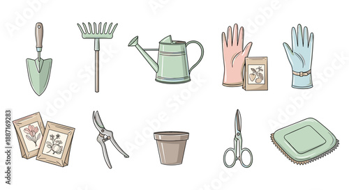 Collection of gardening tools and supplies