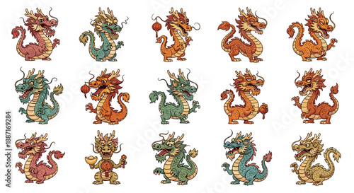 Collection of colorful traditional chinese dragon illustrations
