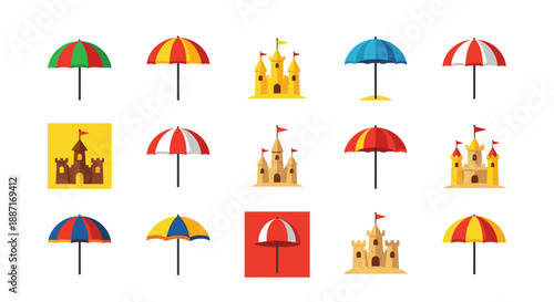 Collection of colorful beach umbrellas and sandcastles