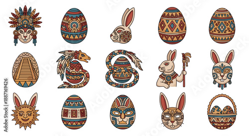 Collection of decorated easter eggs with tribal patterns and rabbits
