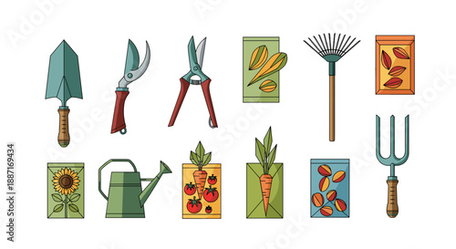 Collection of gardening tools and plants for outdoor gardening