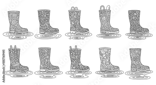 Collection of detailed sketches showing different boot designs and styles