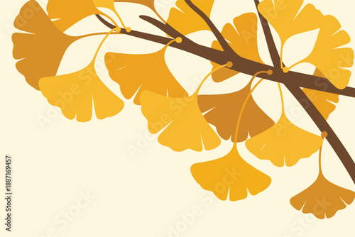 Golden Ginkgo Leaves on Branch in Flat Style, botanical illustration concept