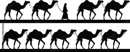 Camel caravan silhouette with desert traveler walking, traditional nomadic journey illustration symbolizing migration, trade routes, Middle East culture