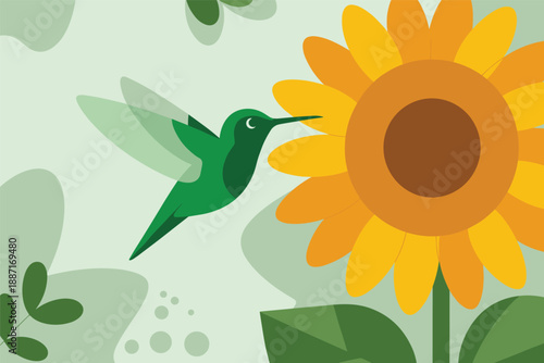Green Hummingbird Feeding on a Bright Sunflower, pollination nature concept