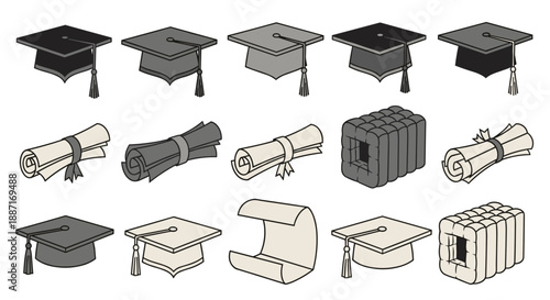 Collection of graduation caps and diplomas