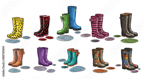 Collection of colorful rain boots in various styles and colors