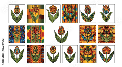 Collection of colorful traditional floral patterns and motifs