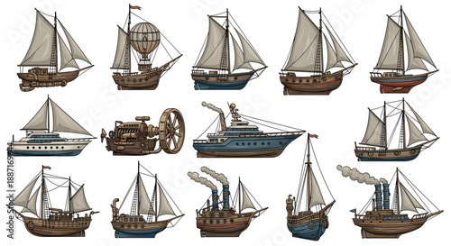 Collection of vintage sailing ships and boats with detailed design