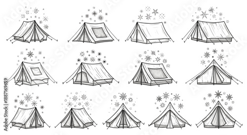 Collection of handdrawn camping tents with snowflakes and stars