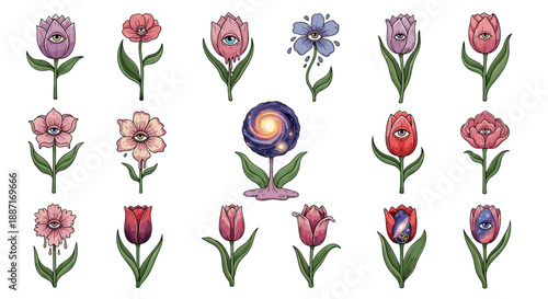 Collection of colorful handdrawn flowers with vibrant petals and leaves