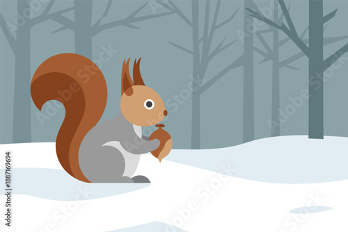 Winter Squirrel with Acorn in Snowy Forest, seasonal wildlife concept