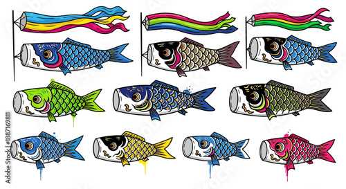 Collection of colorful decorative fish illustrations with vibrant patterns