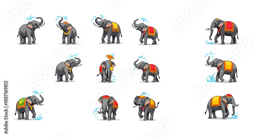 Collection of colorful cartoon elephants in various poses and accessories