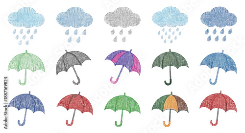 Collection of colorful umbrellas with raindrops