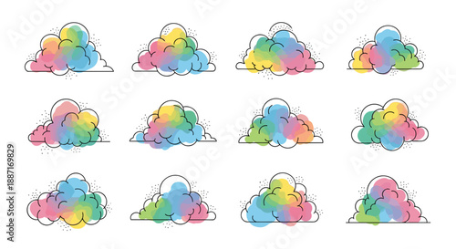 Collection of colorful watercolor clouds in various shapes and sizes