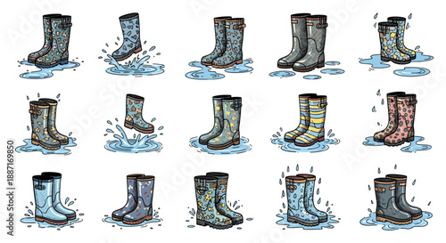 Collection of various weathered and colorful rubber boots water