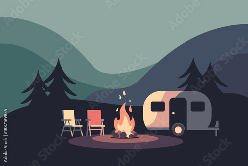 Cozy Campfire Night with Caravan in the Mountains, van life travel concept