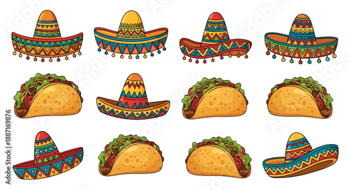 Collection of traditional mexican sombreros and tacos
