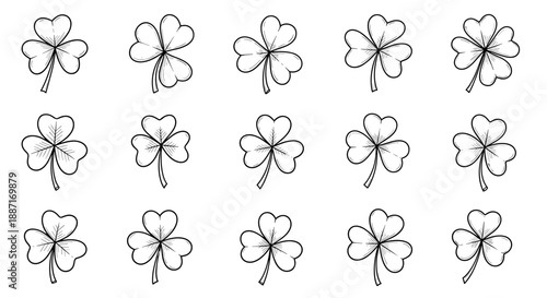 Collection of handdrawn fourleaf clovers with simple line art